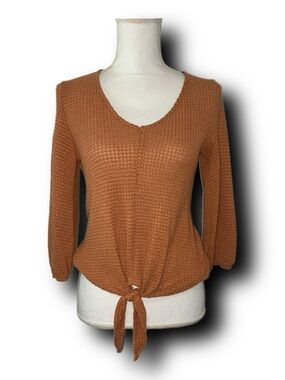 W5 Anthropologie Tie-Front Waffle Knit Top in Rust Orange